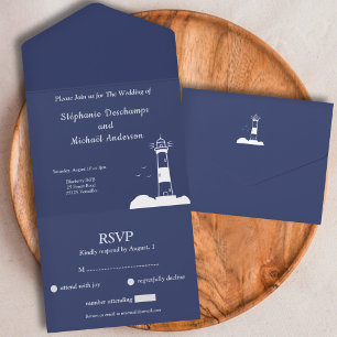 Invitation Tout En Un Mariage bleu de la marine phare RSVP