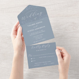 Invitation Tout En Un Mariage bleu dusty à branche minimale