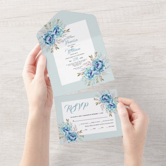 Invitation Tout En Un Mariage bleu et vert menthe (Déchirure)