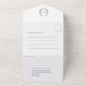 Invitation Tout En Un Mariage bleu foncé blanc ovale feuille monogramme (Dehors)