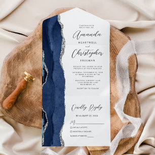 Invitation Tout En Un Mariage bleu marine argenté Agate