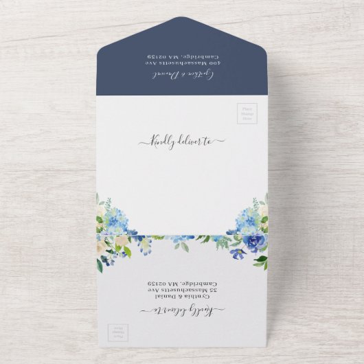 Invitation Tout En Un Mariage bleu marine Botanique Hydrangea Fleurs (Dehors)