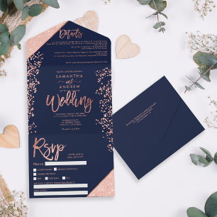 Invitation Tout En Un Mariage bleu marine confetti pailleté or rose