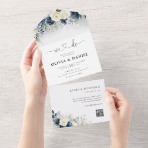 Invitation Tout En Un Mariage bleu marine et rose blanche