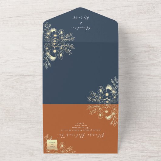 Invitation Tout En Un Mariage bleu marine et terre cuite (Dehors)