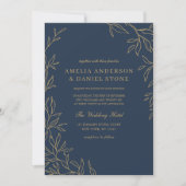 Invitation Tout en un Mariage bleu marine Gold minimal feuill (Devant)