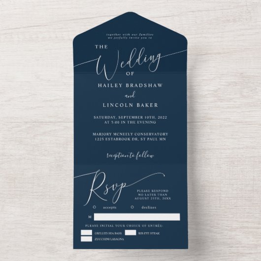 Invitation Tout En Un Mariage bleu marine minimal Élégant Script (À l'intérieur)