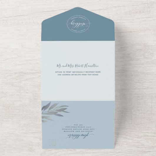 Invitation Tout En Un Mariage bleu moderne avec RSVP perforé (Dehors)