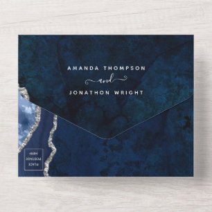 Invitation Tout En Un Mariage Bleu Nuit et Agate Argentée