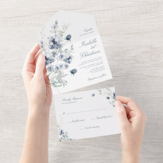 Invitation Tout En Un Mariage Bleu Poussiéreux Fleurs Sauvages Feuillage (Déchirure)