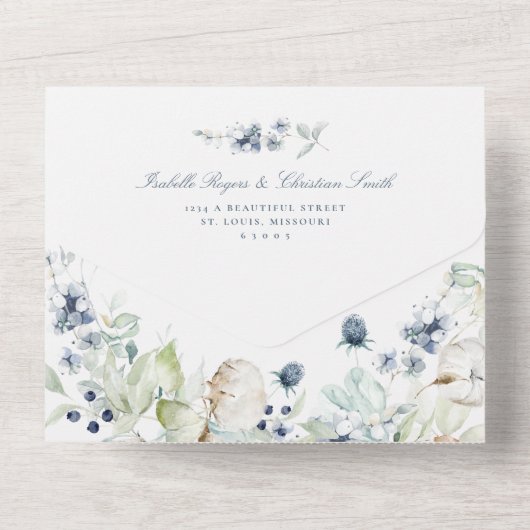Invitation Tout En Un Mariage Bleu Poussiéreux Fleurs Sauvages Feuillage (Verso)