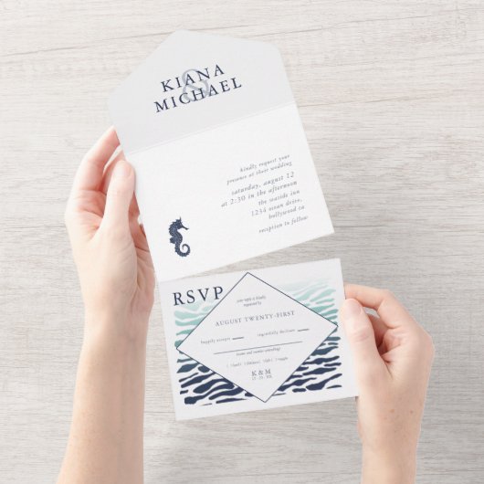 Invitation Tout En Un Mariage Blue Wave Seahorse ID836 (Déchirure)
