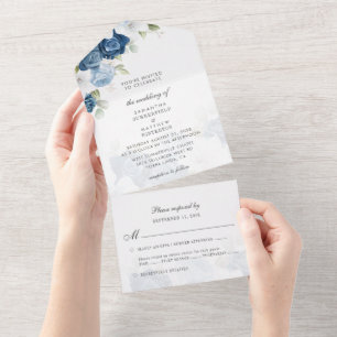 Invitation Tout En Un Mariage Bohème Fleurs de Bleu Poussiéreux et Verdu