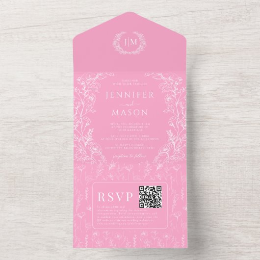 Invitation Tout En Un Mariage bohème rose chaud (À l'intérieur)