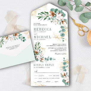 Invitation Tout En Un Mariage Bohème Rustique Coton Or Branche d'Eucalyp