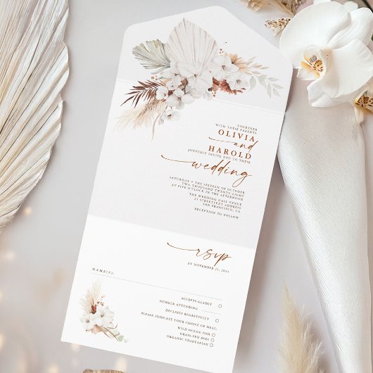 Invitation Tout En Un Mariage Boho exotique en terre cuite et fleurs bla