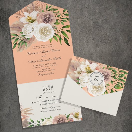 Invitation Tout En Un Mariage Boho Floral Peach Fuzz