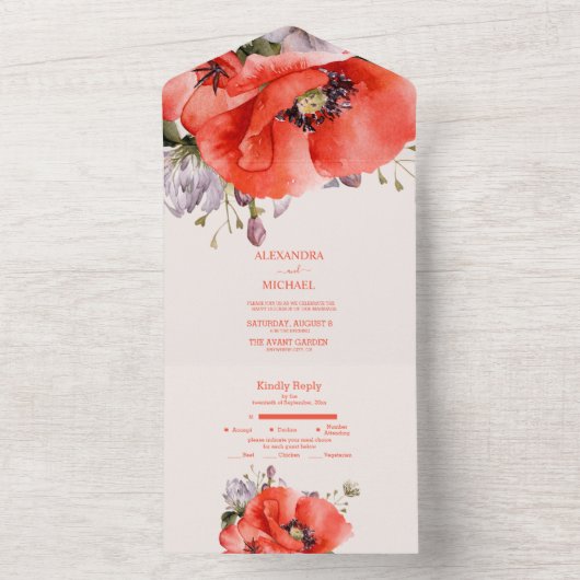 Invitation Tout En Un Mariage Boho Neutral Aquarelle Poppies (À l'intérieur)