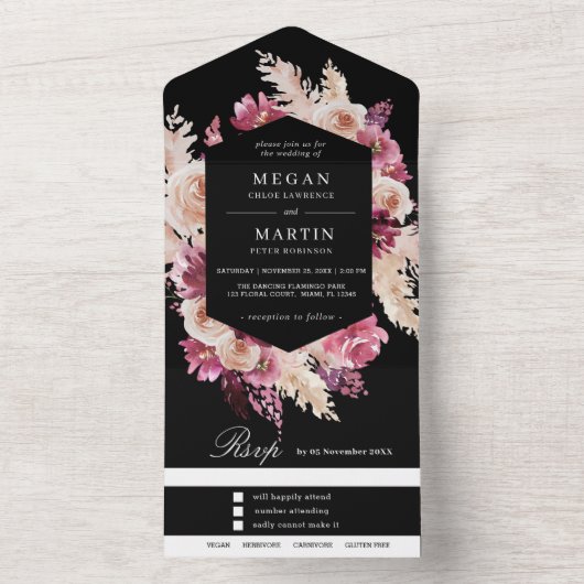 Invitation Tout En Un Mariage Boho Noir Rose Tout En Un (À l'intérieur)
