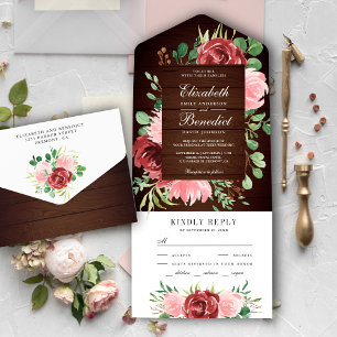 Invitation Tout En Un Mariage Bois Floral Burgundy Rustique et Rose Blus
