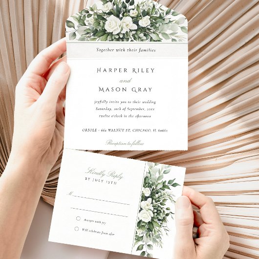 Invitation Tout En Un Mariage botanique avec RSVP anti-déchirure