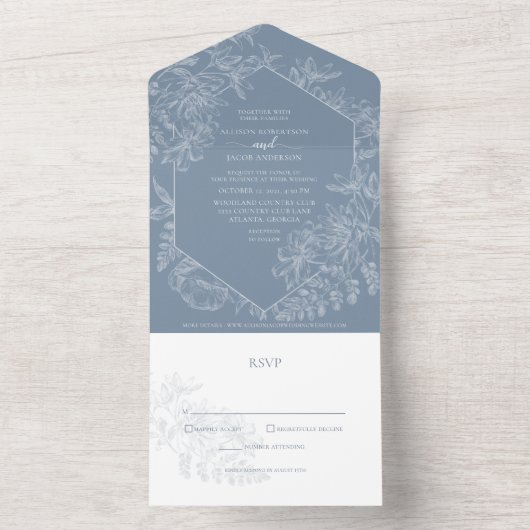 Invitation Tout En Un Mariage botanique bleu Dusty (À l'intérieur)