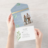 Invitation Tout En Un Mariage botanique bleu Dusty (Déchirure)