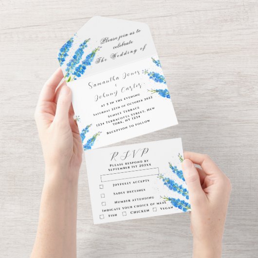 Invitation Tout En Un Mariage botanique de Delphinium bleu (Déchirure)
