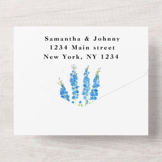 Invitation Tout En Un Mariage botanique de Delphinium bleu (Verso)