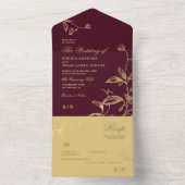 Invitation Tout En Un Mariage botanique d'or bordeaux (À l'intérieur)