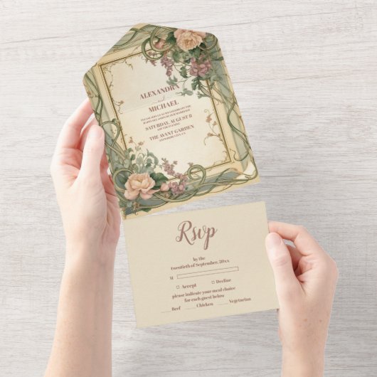 Invitation Tout En Un Mariage botanique élégant Art Nouveau (Déchirure)