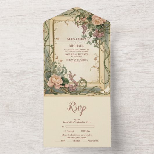 Invitation Tout En Un Mariage botanique élégant Art Nouveau (À l'intérieur)