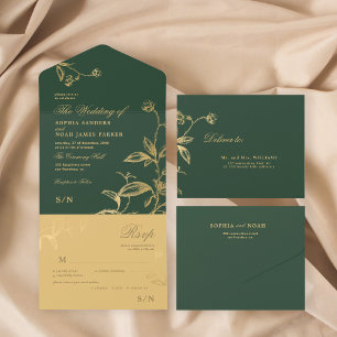 Invitation Tout En Un Mariage botanique élégant vert or