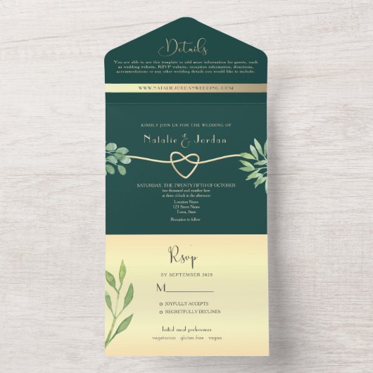 Invitation Tout En Un Mariage botanique Emerald Green (À l'intérieur)
