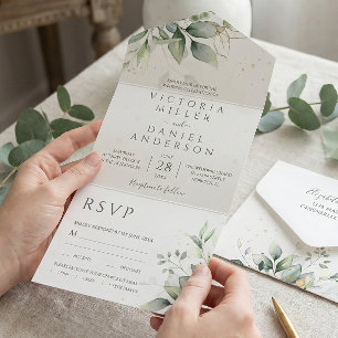Invitation Tout En Un Mariage botanique feuilles d'or de verdure d'eucal
