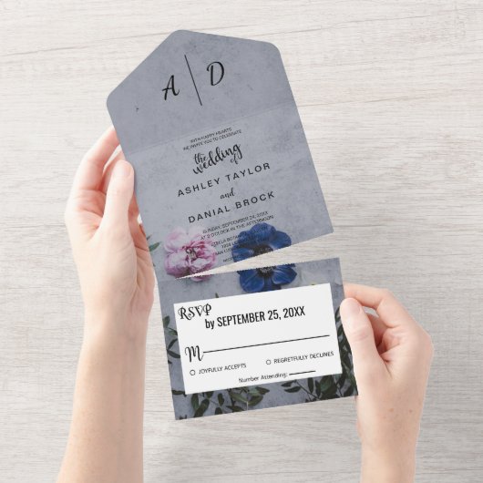 Invitation Tout En Un Mariage botanique rose rose et bleu All I (Déchirure)