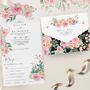 Invitation Tout En Un Mariage budgétaire rose noir et blanc