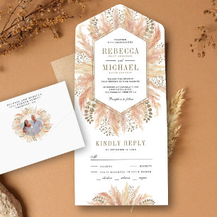 Invitation Tout En Un Mariage cadre hexagonal en herbe de Pampas séchée 