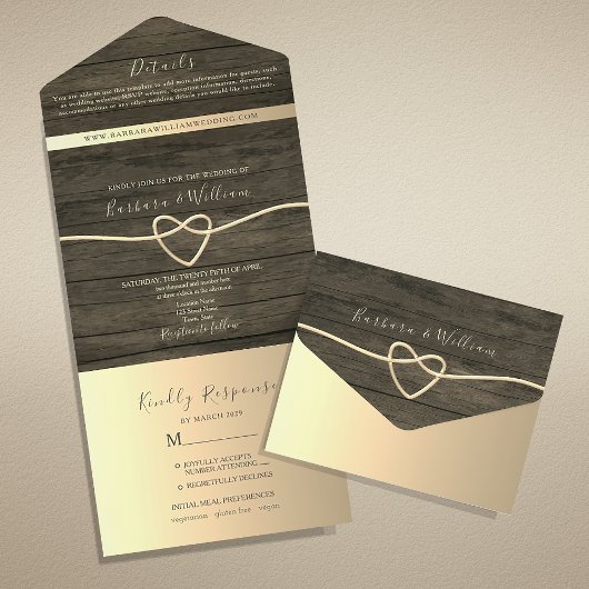 Invitation Tout En Un Mariage Calligraphié avec Bois Rustique