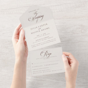 Invitation Tout En Un Mariage Calligraphié Classique Ivoire Brun