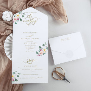 Invitation Tout En Un Mariage calligraphié floral à l'eucalyptus