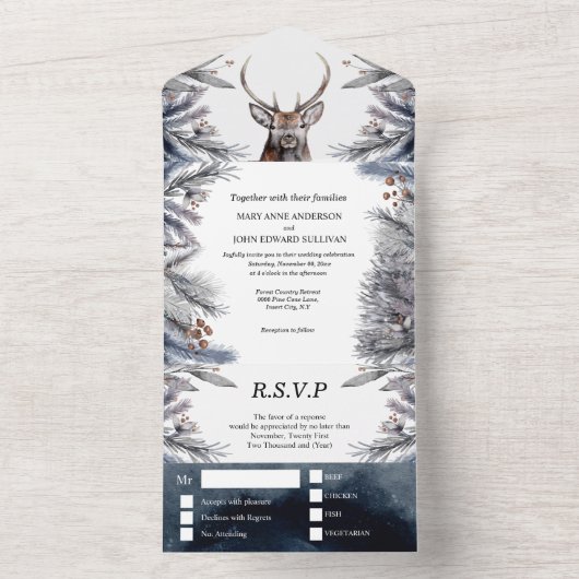 Invitation Tout En Un Mariage campagnard d'aquarelle bois cerf boho (À l'intérieur)