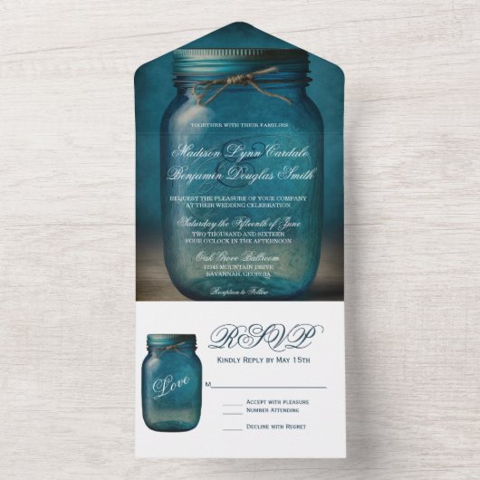Invitation Tout En Un Mariage campagnard rustique Mason bleu Mason Jar (À l'intérieur)