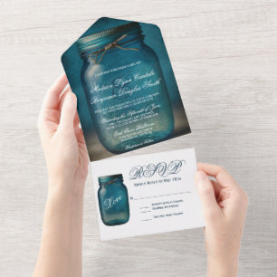 Invitation Tout En Un Mariage campagnard rustique Mason bleu Mason Jar