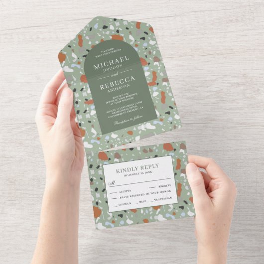 Invitation Tout En Un Mariage Carrelage Terrazzo vert Terre moderne (Déchirure)