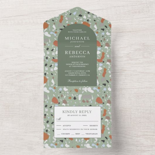 Invitation Tout En Un Mariage Carrelage Terrazzo vert Terre moderne (À l'intérieur)