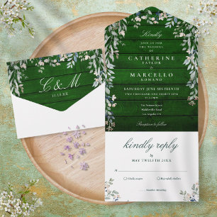 Invitation Tout En Un Mariage Cascade de Feuillage Floral Émeraude Rusti