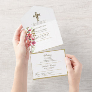 Invitation Tout En Un Mariage catholique 3in1 Invite Floral Gold RSVP