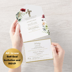 Invitation Tout En Un Mariage catholique 3in1 Invite Floral Gold RSVP