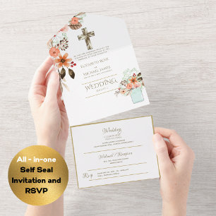 Invitation Tout En Un Mariage catholique 3in1 Invite Floral Gold RSVP